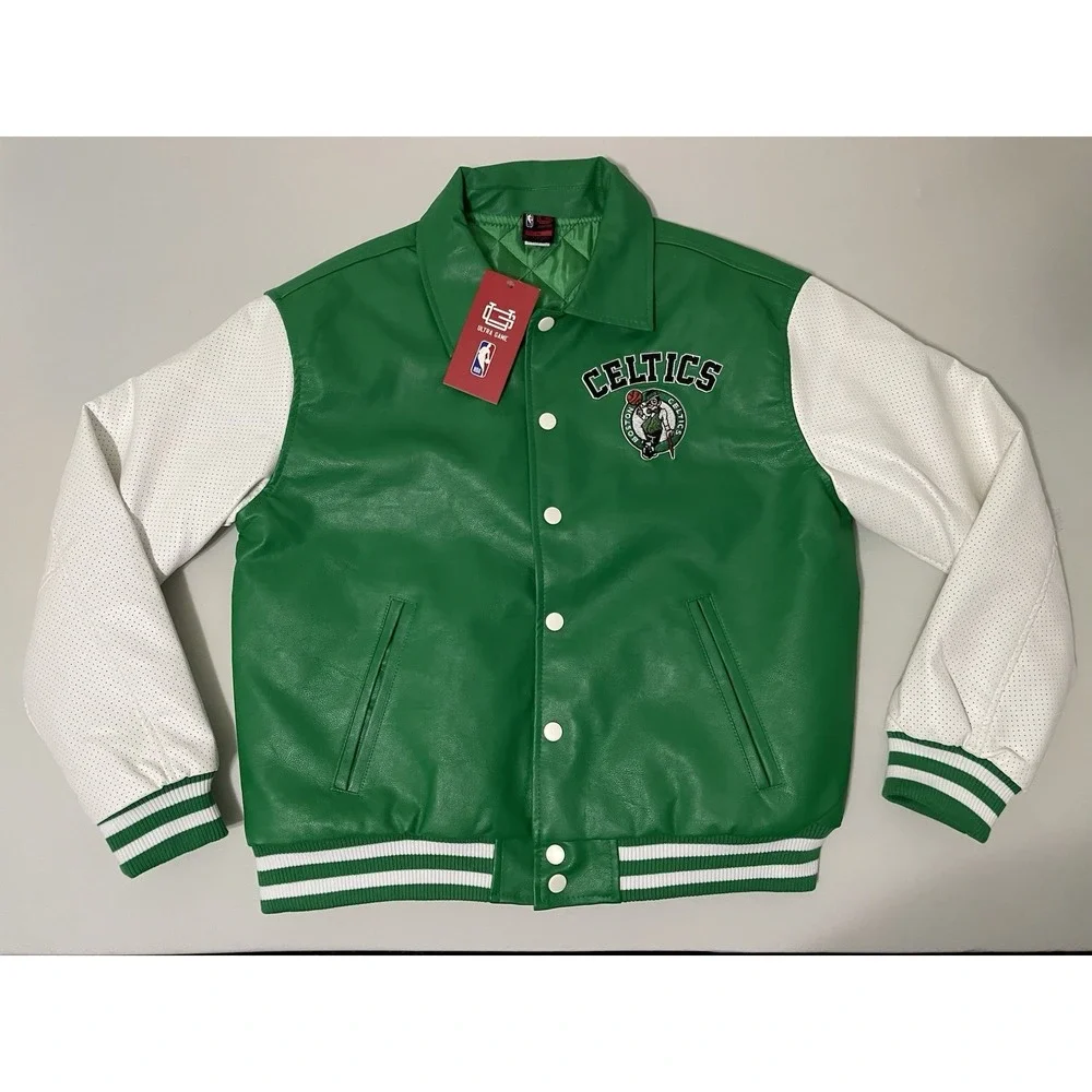 NBA BOSTON CELTICS ULTRA GAME LEATHER JACKET SZ MEDIUM PERFORATED LEATHER SLEEVE - Picture 1 of 11